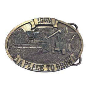 Vtg Belt Buckle Iowa A Place To Grow Farming Tractor Combine 1980 USA Made 3.5"